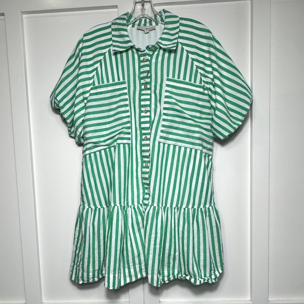 Pinch‎ Womens Green White Striped Short Sleeve Tiered Button Down Shirt Dress L
